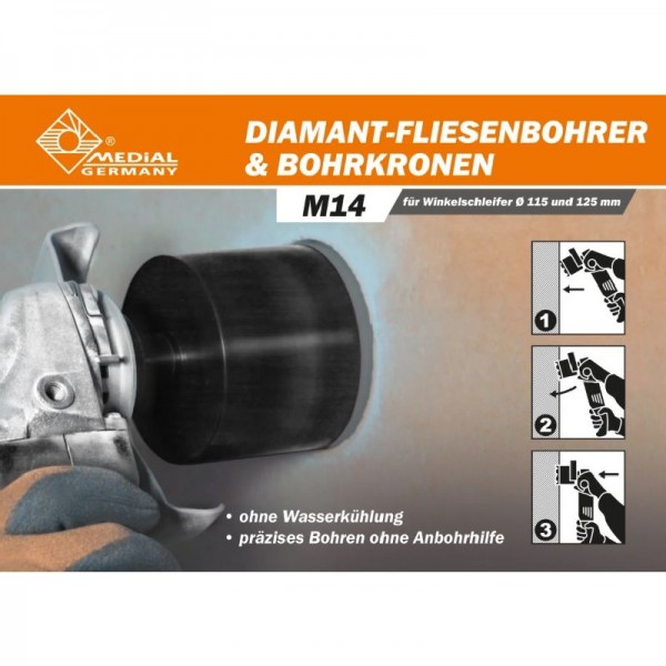 Medial Granitbohrkrone M14 Ø 25 mm, geeignet Feinsteinzeug Keramik Fliese Granit
