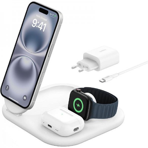 Belkin BoostCharge Ladegerät induktive 3-in-1 Ladestation Qi2, 15 W, Weiß
