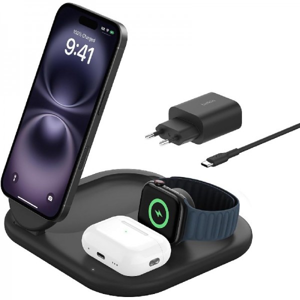 Belkin BoostCharge Ladegerät induktive 3-in-1 Ladestation Qi2, 15 W, Schwarz